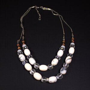 Ann Taylor LOFT Silver Tone Necklace with Cream and Black Swirl Beads